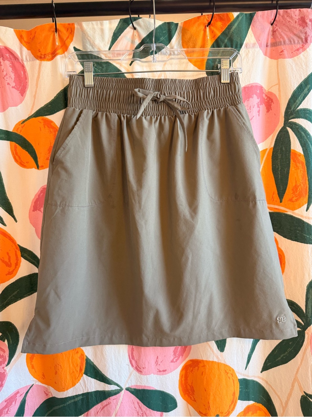 Albion Fit Elastic-Waist A-Line Skirt in khaki with Drawstring and pockets